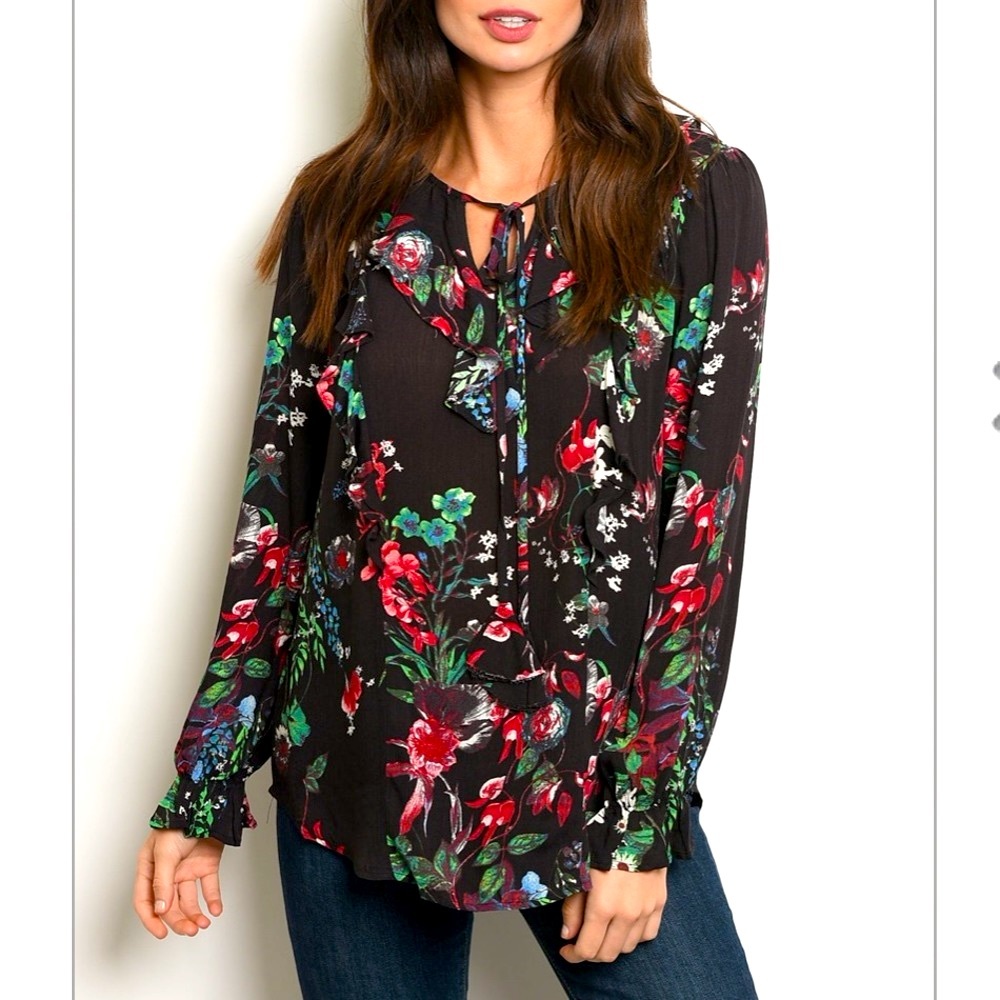 Black long sleeve yolk-tie floral tunic, sz M - Picture 1 of 8